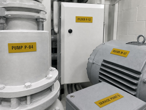 LYS-7039 thin adhesive mounted yellow black pump filter motor and service point equipment identification plates