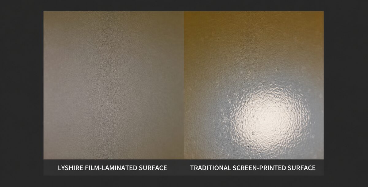 Magnified comparison of LYSHIRE film-laminated engraving sheet surface and traditional screen-printed ink surface